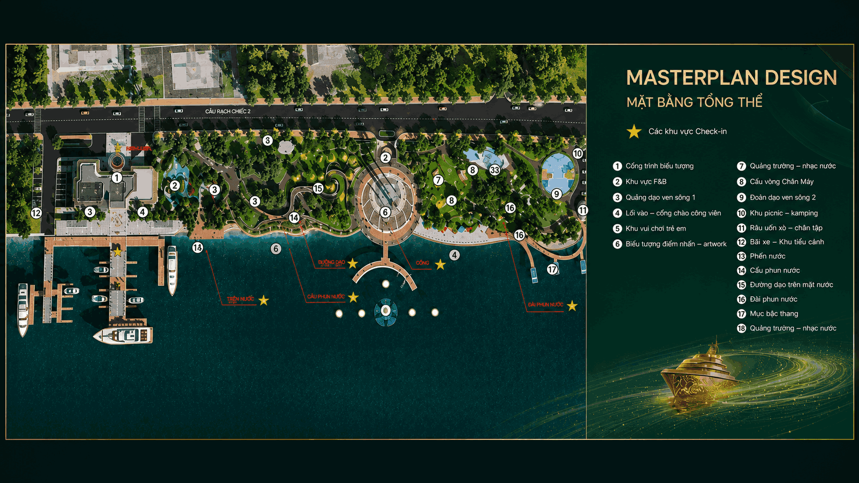 Masterplan Design — mặt bằng tổng thể tiện ích công viên ven sông với 18 hạng mục