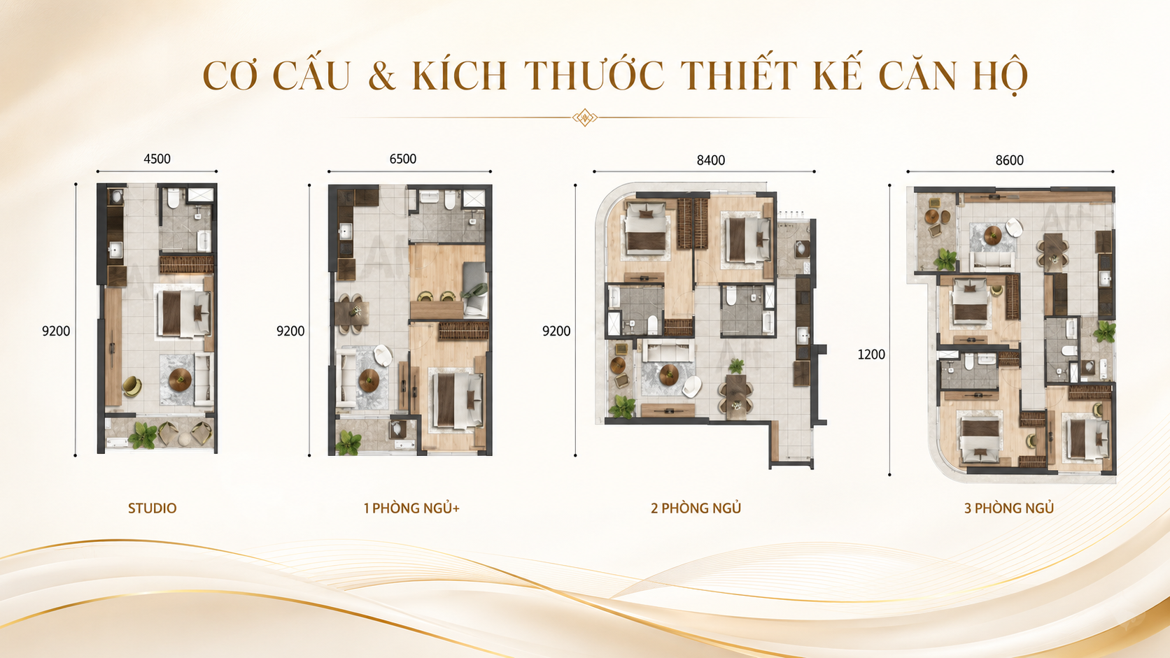 Mặt bằng thiết kế căn hộ Studio, 1PN+, 2PN, 3PN