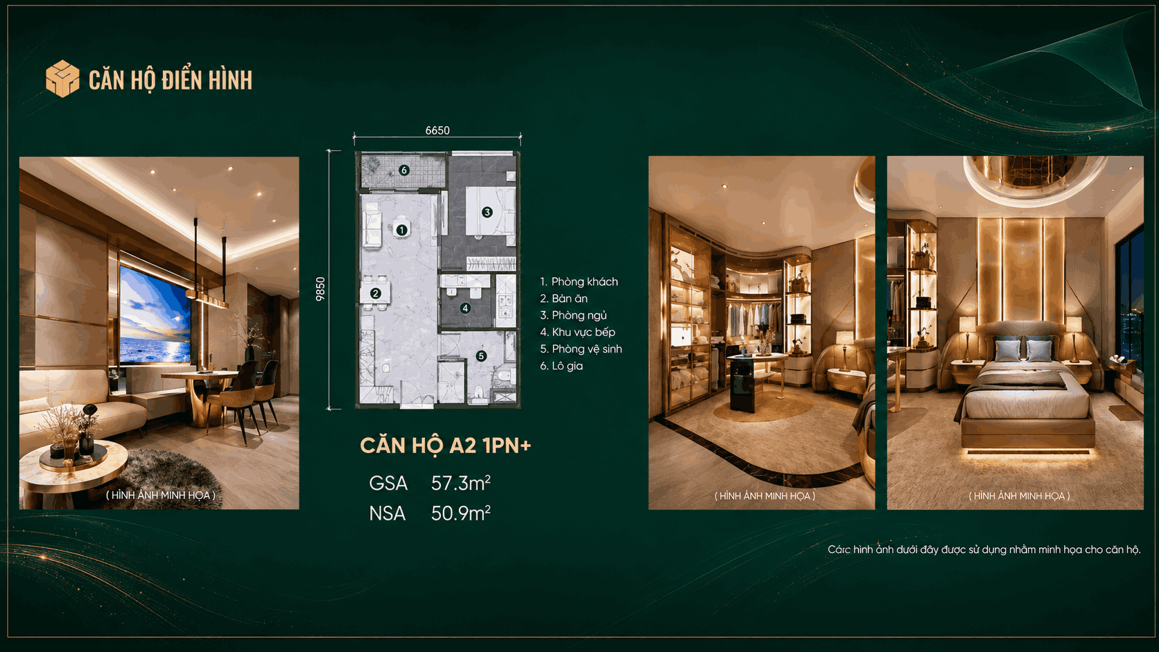 Căn hộ A2 1PN+ — GSA 57,3 m², NSA 50,9 m²