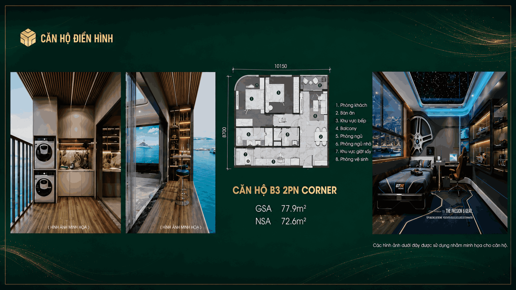 Căn hộ B3 2PN Corner — GSA 77,9 m², NSA 72,6 m²