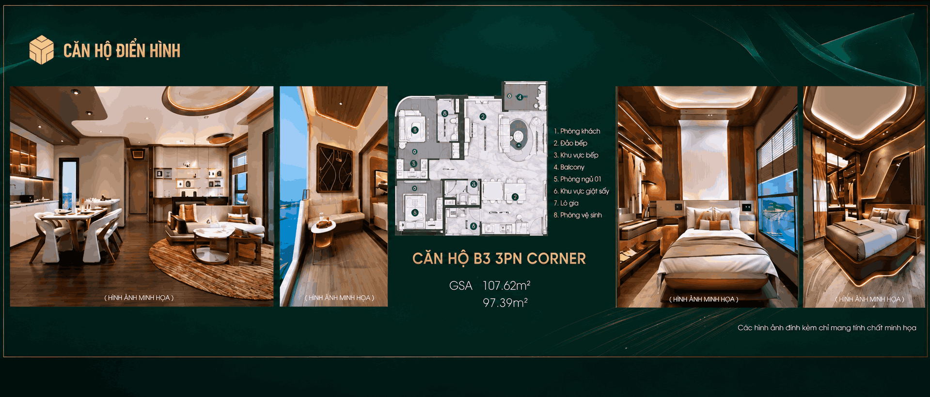 Căn hộ B3 3PN Corner — GSA 107,62 m², NSA 97,39 m²