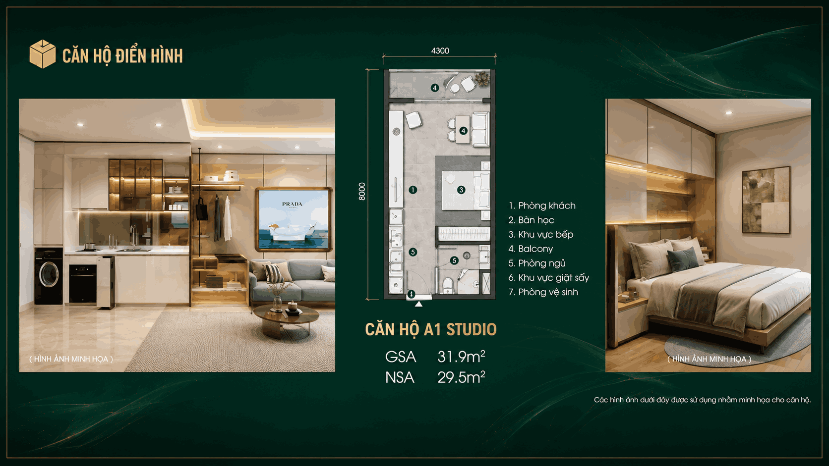 Căn hộ A1 Studio — GSA 31,9 m², NSA 29,5 m²